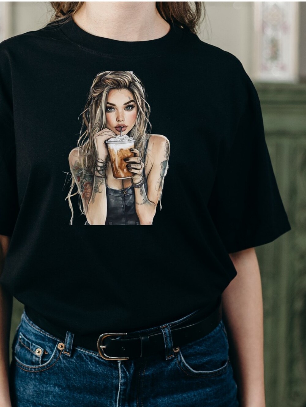 Luxury Black Western Cowgirl Iced Coffee Graphic Tee - Size S